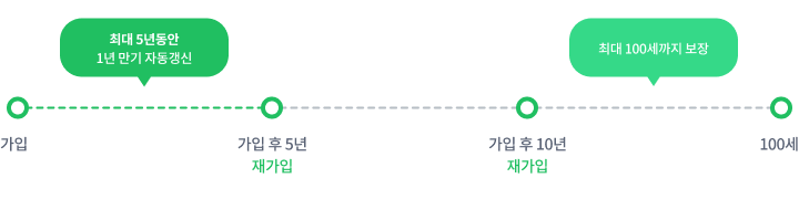 최대 5년 동안 1년 만기 자동갱신. 재가입 시 100세까지 보장